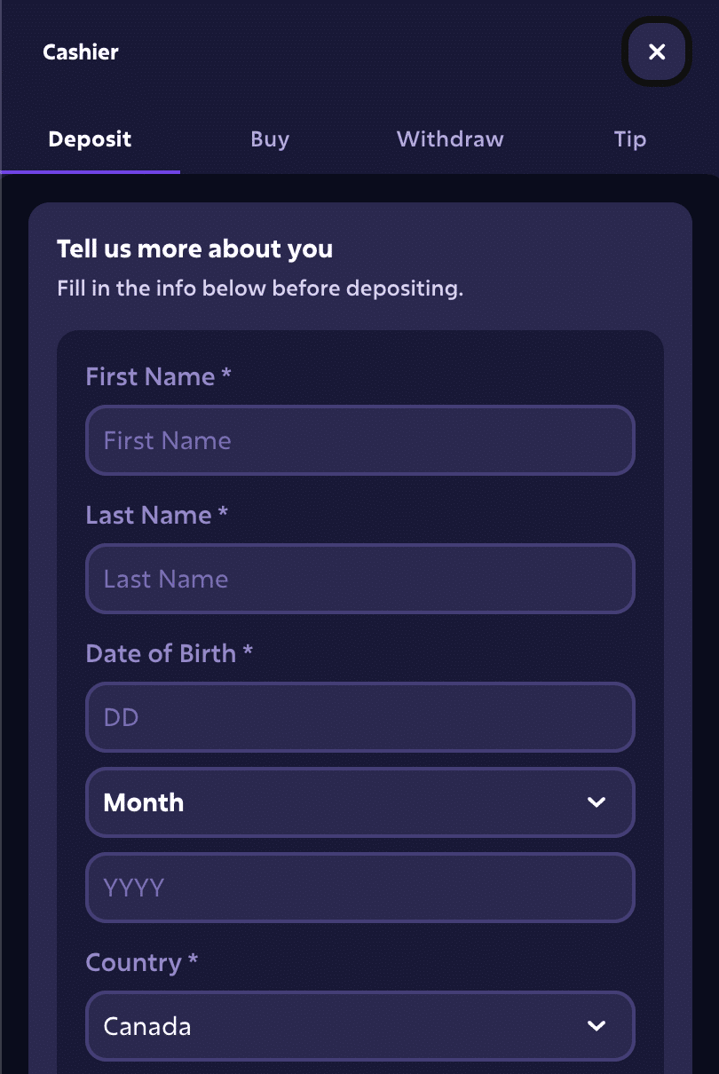 Roobet Canada required details before depositing